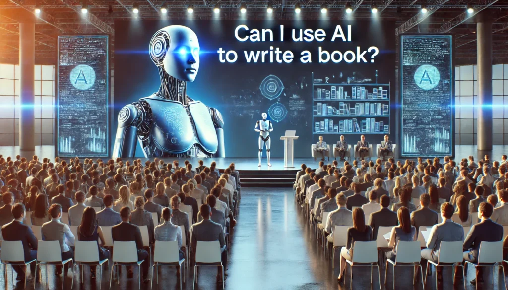 Robot giving a talk on stage to a large audience titled 'Can I Use AI to Write a Book?'