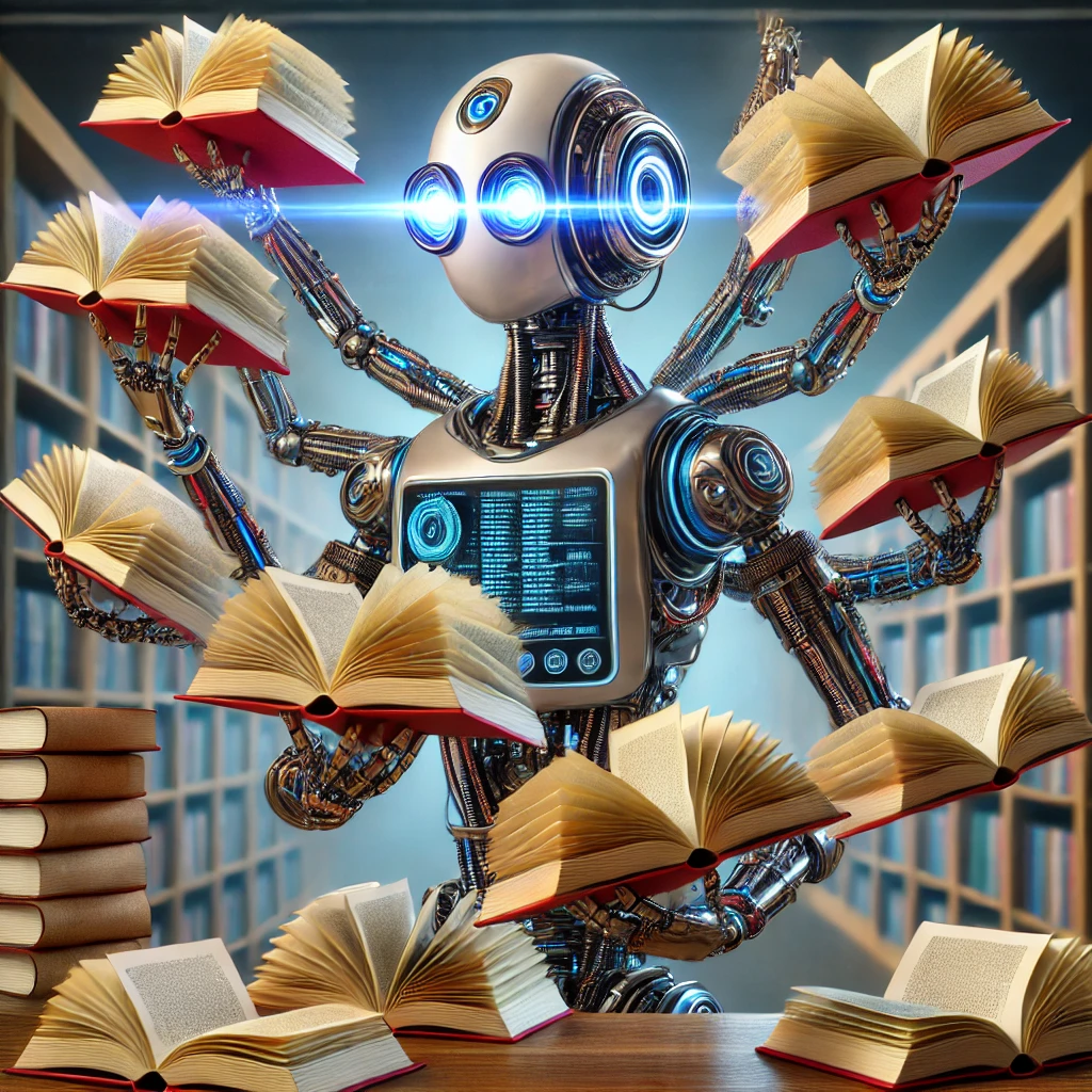 A robot with several arms reading a book in each hand; this is a figurative partial answer to the question 'How does AI Learn to Create Stories?'