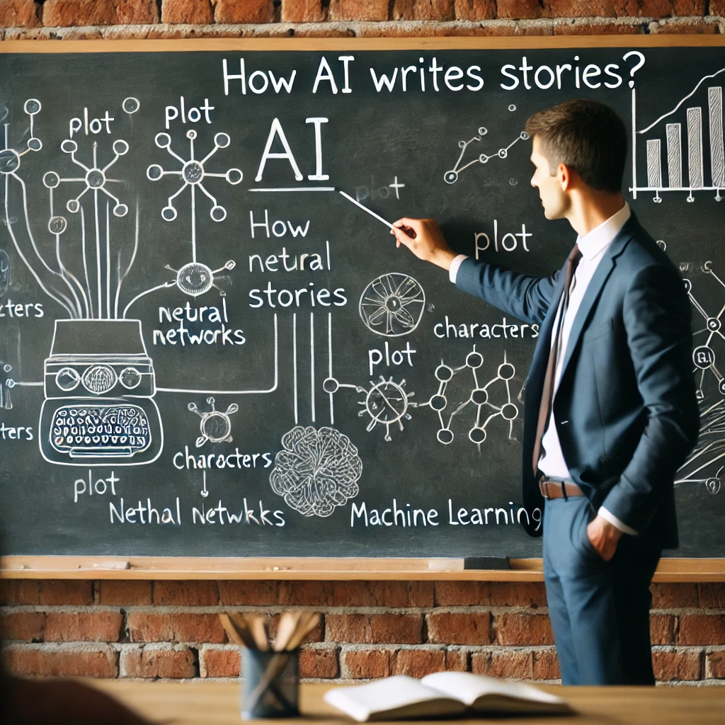 Teacher pointing to a blackboard and explaining how AI writes stories